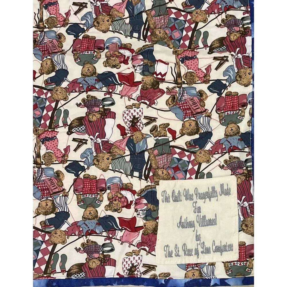 Handmade‎ Small Quilt Blue Red Teddy Bear Star Patchwork Log Cabin Blanket